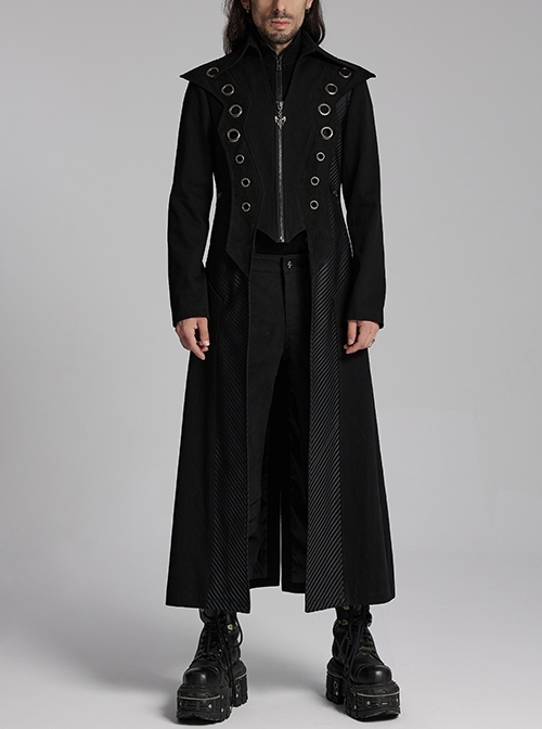 Personalized Black Twill Three Dimensional Mesh Woven Splicing PU Leather Front Metal Eyelet Decoration Punk Style Long Sleeve Long Coat