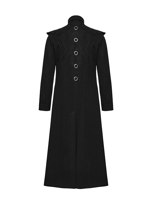 Personalized Black Twill Three Dimensional Mesh Woven Splicing PU Leather Front Metal Eyelet Decoration Punk Style Long Sleeve Long Coat