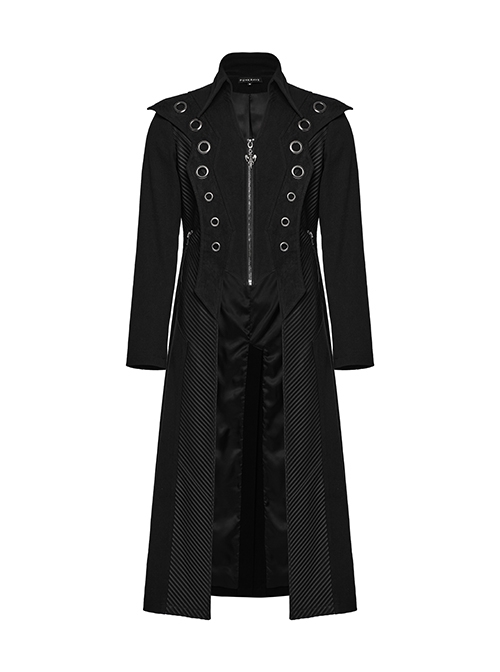 Personalized Black Twill Three Dimensional Mesh Woven Splicing PU Leather Front Metal Eyelet Decoration Punk Style Long Sleeve Long Coat