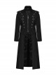 Personalized Black Twill Three Dimensional Mesh Woven Splicing PU Leather Front Metal Eyelet Decoration Punk Style Long Sleeve Long Coat