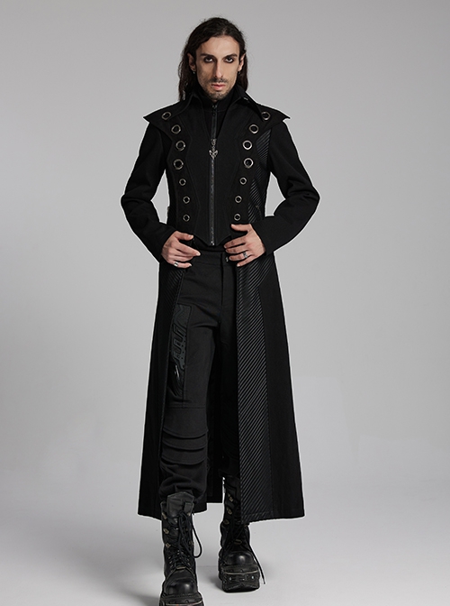 Personalized Black Twill Three Dimensional Mesh Woven Splicing PU Leather Front Metal Eyelet Decoration Punk Style Long Sleeve Long Coat