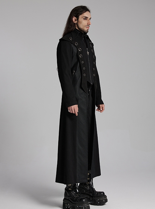 Personalized Black Twill Three Dimensional Mesh Woven Splicing PU Leather Front Metal Eyelet Decoration Punk Style Long Sleeve Long Coat