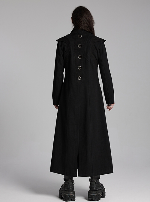 Personalized Black Twill Three Dimensional Mesh Woven Splicing PU Leather Front Metal Eyelet Decoration Punk Style Long Sleeve Long Coat
