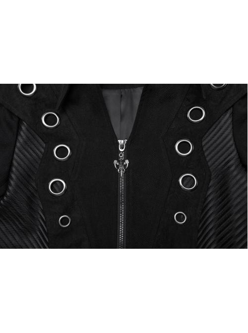 Personalized Black Twill Three Dimensional Mesh Woven Splicing PU Leather Front Metal Eyelet Decoration Punk Style Long Sleeve Long Coat