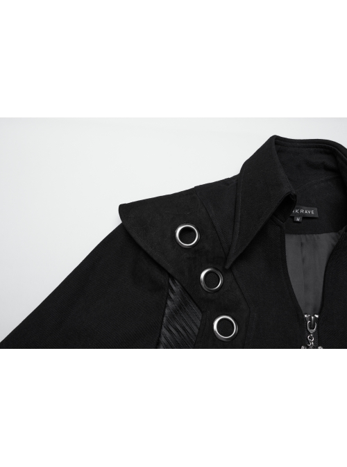 Personalized Black Twill Three Dimensional Mesh Woven Splicing PU Leather Front Metal Eyelet Decoration Punk Style Long Sleeve Long Coat