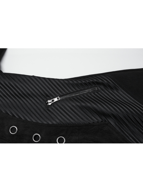 Personalized Black Twill Three Dimensional Mesh Woven Splicing PU Leather Front Metal Eyelet Decoration Punk Style Long Sleeve Long Coat