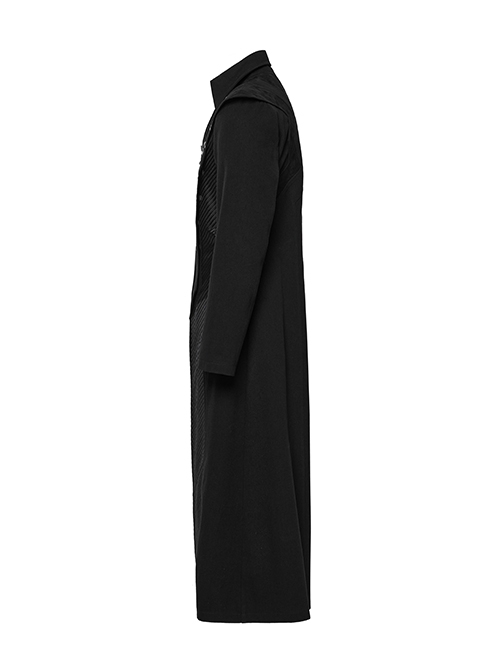 Personalized Black Twill Three Dimensional Mesh Woven Splicing PU Leather Front Metal Eyelet Decoration Punk Style Long Sleeve Long Coat