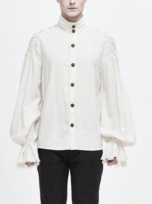Grain Jacquard Shoulder Braid Attached Puff Sleeve Rough Selvedge White Punk Shirts