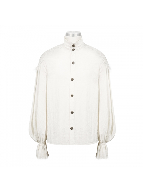 Grain Jacquard Shoulder Braid Attached Puff Sleeve Rough Selvedge White Punk Shirts