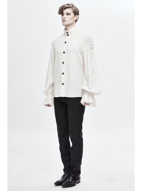 Grain Jacquard Shoulder Braid Attached Puff Sleeve Rough Selvedge White Punk Shirts