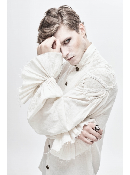 Grain Jacquard Shoulder Braid Attached Puff Sleeve Rough Selvedge White Punk Shirts