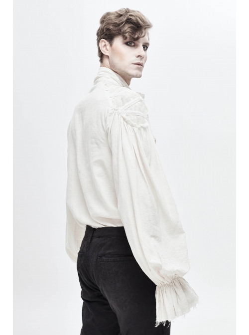 Grain Jacquard Shoulder Braid Attached Puff Sleeve Rough Selvedge White Punk Shirts