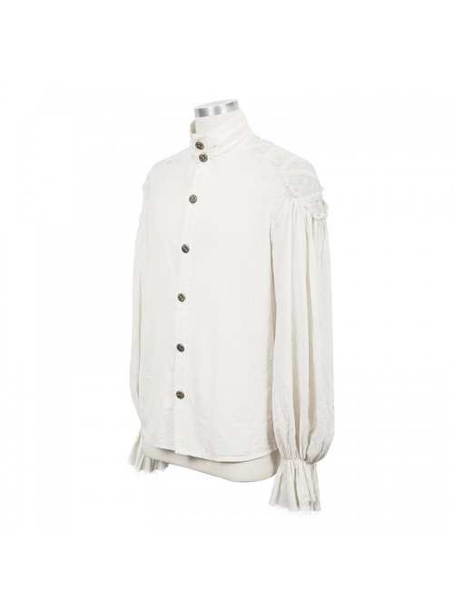 Grain Jacquard Shoulder Braid Attached Puff Sleeve Rough Selvedge White Punk Shirts