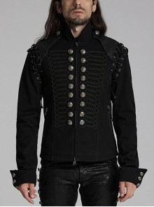 Black And Silver Non Stretch Twill Woven Detachable Sleeves Symmetrical Retro Applique Buttons On The Front Punk Style Stand Up Collar Jacket