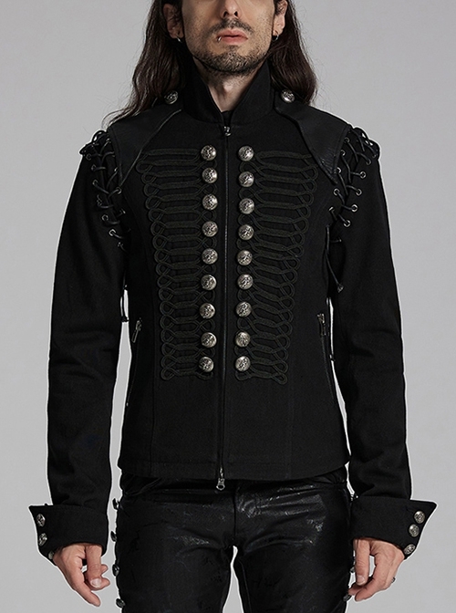 Black And Silver Non Stretch Twill Woven Detachable Sleeves Symmetrical Retro Applique Buttons On The Front Punk Style Stand Up Collar Jacket