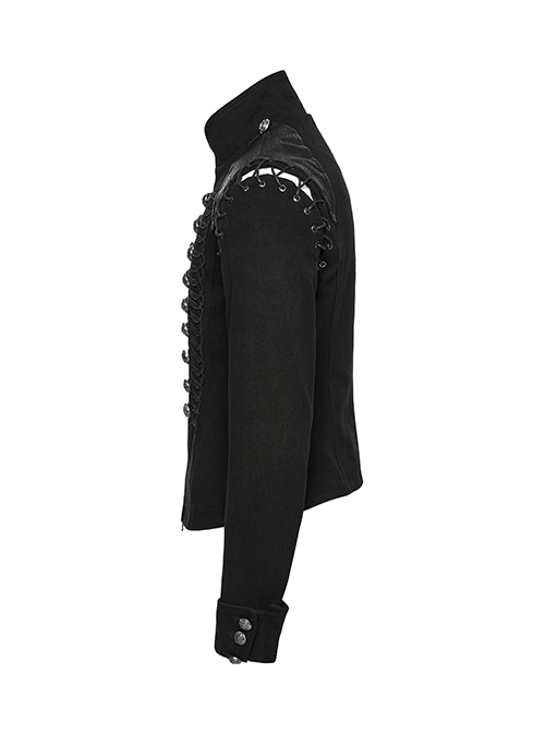 Black And Silver Non Stretch Twill Woven Detachable Sleeves Symmetrical Retro Applique Buttons On The Front Punk Style Stand Up Collar Jacket