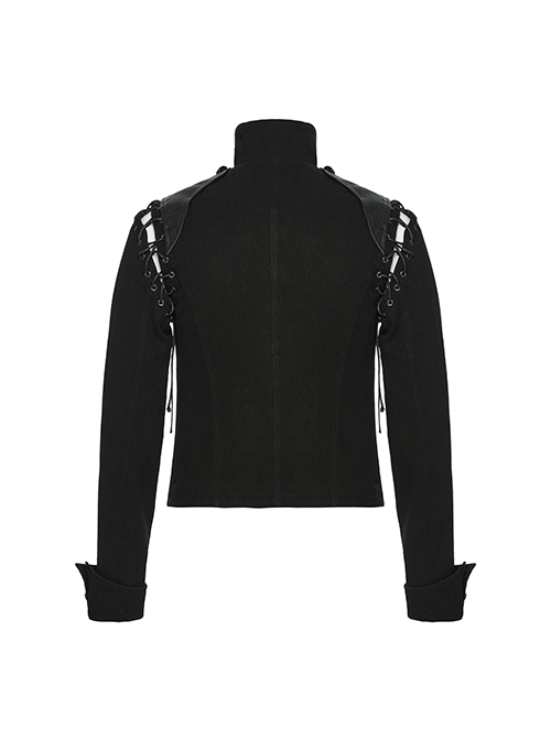 Black And Silver Non Stretch Twill Woven Detachable Sleeves Symmetrical Retro Applique Buttons On The Front Punk Style Stand Up Collar Jacket