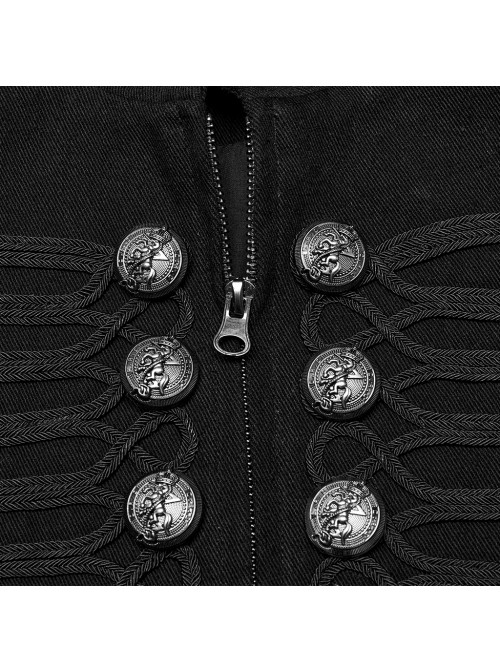 Black And Silver Non Stretch Twill Woven Detachable Sleeves Symmetrical Retro Applique Buttons On The Front Punk Style Stand Up Collar Jacket