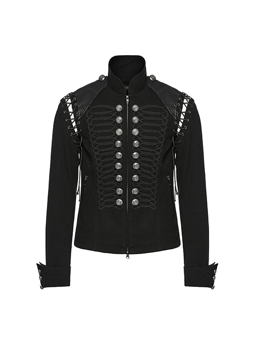 Black And Silver Non Stretch Twill Woven Detachable Sleeves Symmetrical Retro Applique Buttons On The Front Punk Style Stand Up Collar Jacket