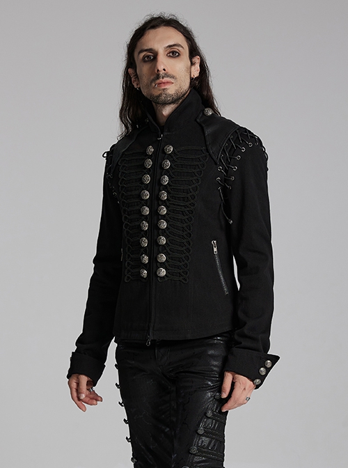 Black And Silver Non Stretch Twill Woven Detachable Sleeves Symmetrical Retro Applique Buttons On The Front Punk Style Stand Up Collar Jacket