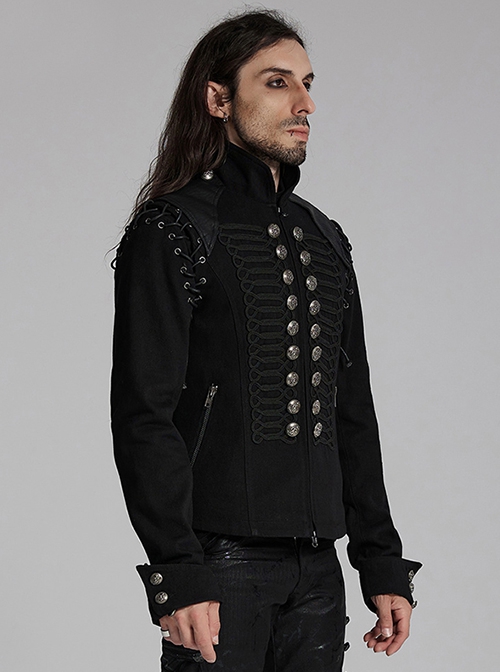 Black And Silver Non Stretch Twill Woven Detachable Sleeves Symmetrical Retro Applique Buttons On The Front Punk Style Stand Up Collar Jacket