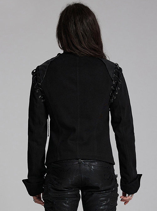 Black And Silver Non Stretch Twill Woven Detachable Sleeves Symmetrical Retro Applique Buttons On The Front Punk Style Stand Up Collar Jacket