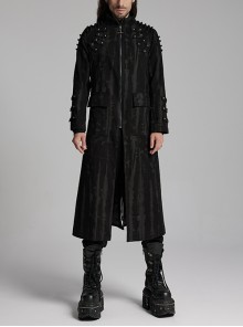 Personalized Black Slightly Elastic Twill Printed Fabric Three Dimensional Rivets On The Front And Hollow Mesh Design Punk Style Long Sleeved Long Coat
