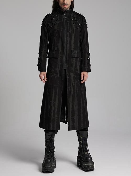 Personalized Black Slightly Elastic Twill Printed Fabric Three Dimensional Rivets On The Front And Hollow Mesh Design Punk Style Long Sleeved Long Coat