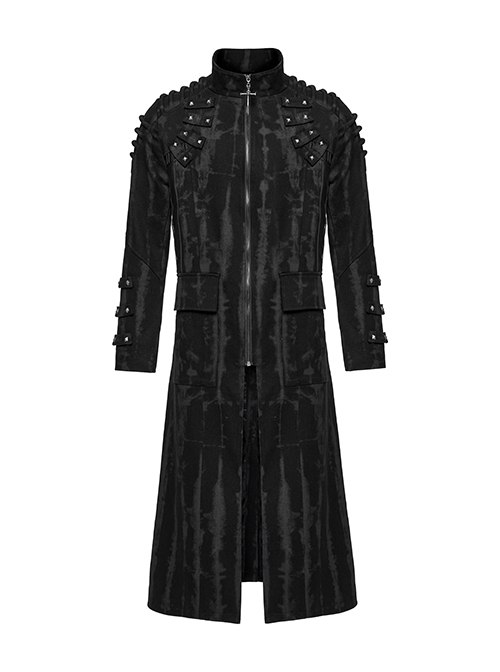 Personalized Black Slightly Elastic Twill Printed Fabric Three Dimensional Rivets On The Front And Hollow Mesh Design Punk Style Long Sleeved Long Coat