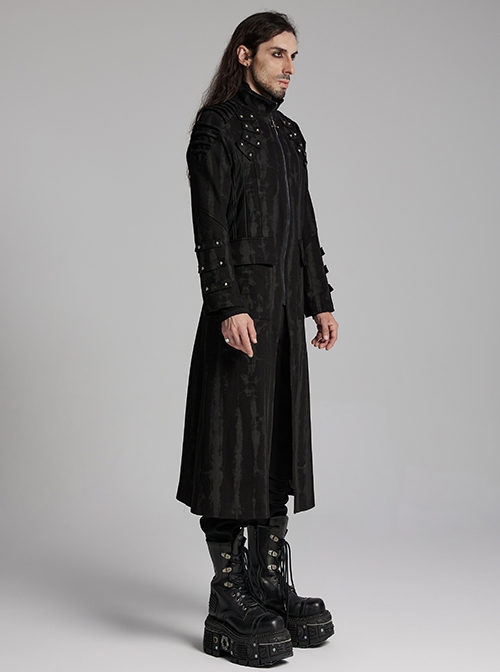 Personalized Black Slightly Elastic Twill Printed Fabric Three Dimensional Rivets On The Front And Hollow Mesh Design Punk Style Long Sleeved Long Coat