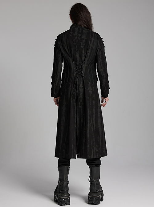 Personalized Black Slightly Elastic Twill Printed Fabric Three Dimensional Rivets On The Front And Hollow Mesh Design Punk Style Long Sleeved Long Coat