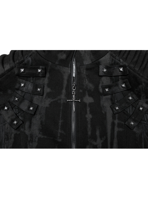 Personalized Black Slightly Elastic Twill Printed Fabric Three Dimensional Rivets On The Front And Hollow Mesh Design Punk Style Long Sleeved Long Coat