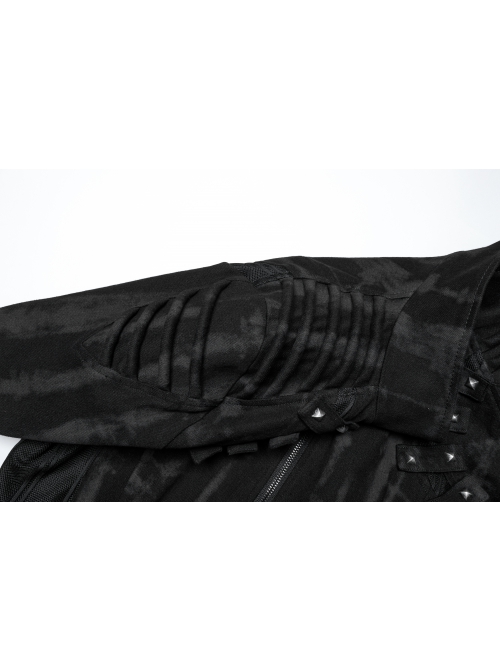 Personalized Black Slightly Elastic Twill Printed Fabric Three Dimensional Rivets On The Front And Hollow Mesh Design Punk Style Long Sleeved Long Coat