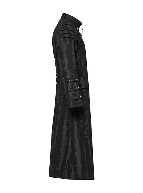 Personalized Black Slightly Elastic Twill Printed Fabric Three Dimensional Rivets On The Front And Hollow Mesh Design Punk Style Long Sleeved Long Coat
