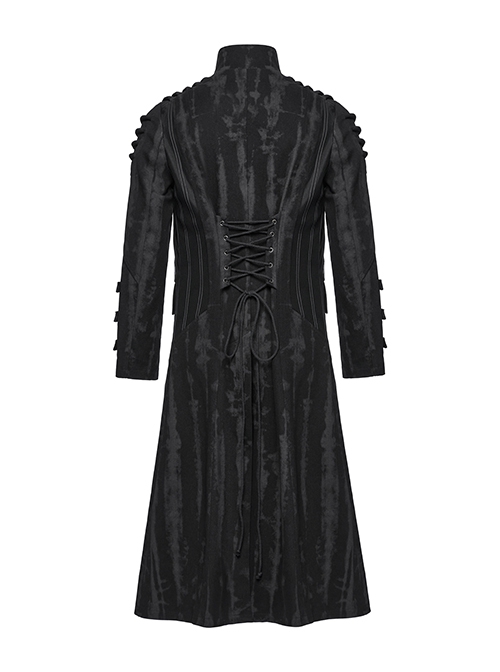 Personalized Black Slightly Elastic Twill Printed Fabric Three Dimensional Rivets On The Front And Hollow Mesh Design Punk Style Long Sleeved Long Coat