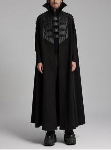 Handsome Black Twill Layer Laminated Front Personalized Double Row D Button Decoration Punk Style Stand Up Collar Cape
