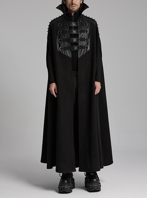 Handsome Black Twill Layer Laminated Front Personalized Double Row D Button Decoration Punk Style Stand Up Collar Cape