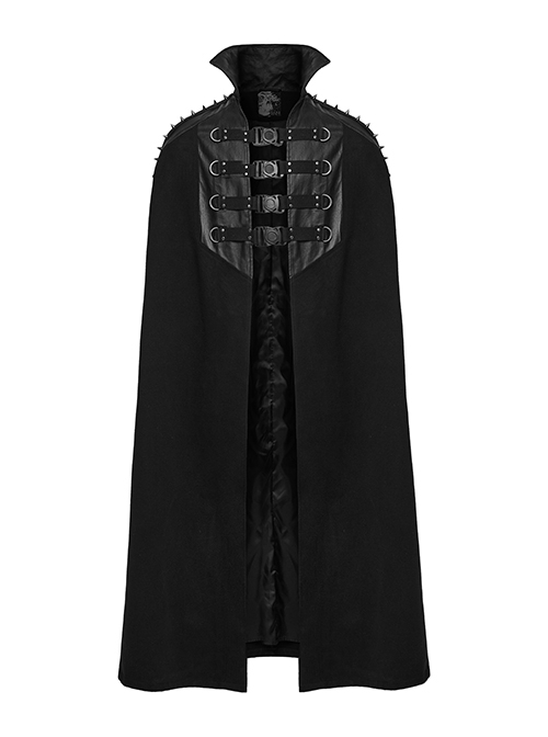 Handsome Black Twill Layer Laminated Front Personalized Double Row D Button Decoration Punk Style Stand Up Collar Cape