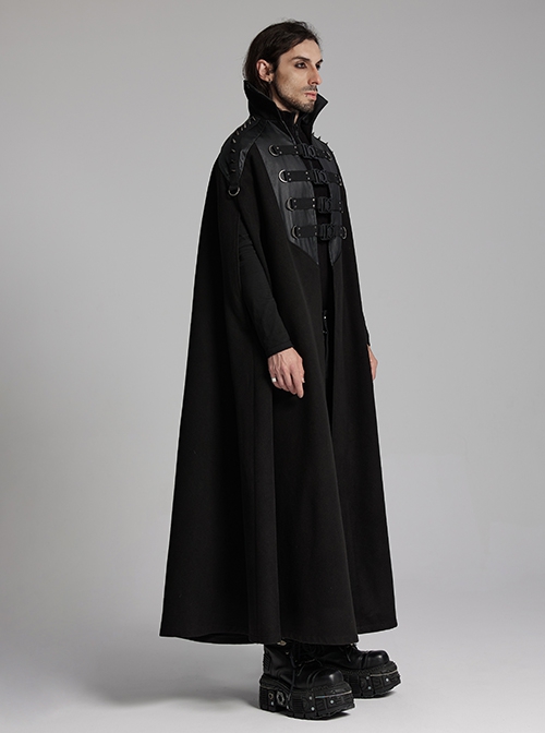 Handsome Black Twill Layer Laminated Front Personalized Double Row D Button Decoration Punk Style Stand Up Collar Cape