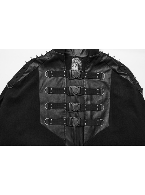 Handsome Black Twill Layer Laminated Front Personalized Double Row D Button Decoration Punk Style Stand Up Collar Cape