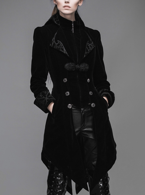 Gothic Embroidered  Collar Black Fake Two Pieces Velveteen Dovetail Lady Coat