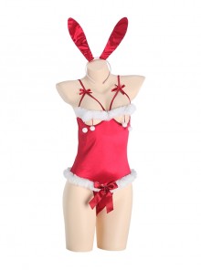 Hollow Backless Binding Bands Hidden Buttons Open Crotch Bunny Girl Jumpsuit Christmas Uniform Sexy Lingerie Set