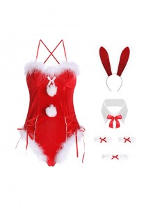 Red Velvet Showing Buttocks Jumpsuit Temptation Plush Ball Decoration Cute Bunny Girl Christmas Uniform Sexy Lingerie Set