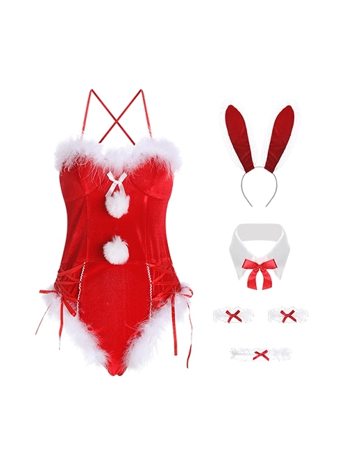 Red Velvet Showing Buttocks Jumpsuit Temptation Plush Ball Decoration Cute Bunny Girl Christmas Uniform Sexy Lingerie Set