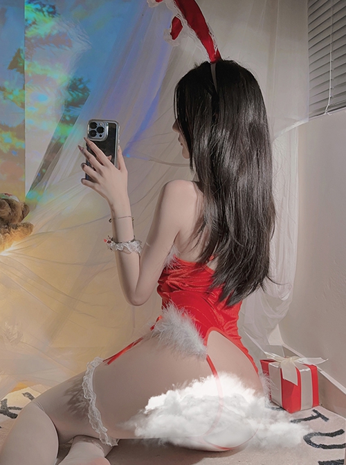 Red Velvet Showing Buttocks Jumpsuit Temptation Plush Ball Decoration Cute Bunny Girl Christmas Uniform Sexy Lingerie Set