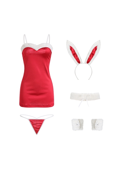 Red Low-Cut Plush Splicing Velvet Tight Hip-Wrapped Suspender Nightdress Christmas Sexy Lingerie Set