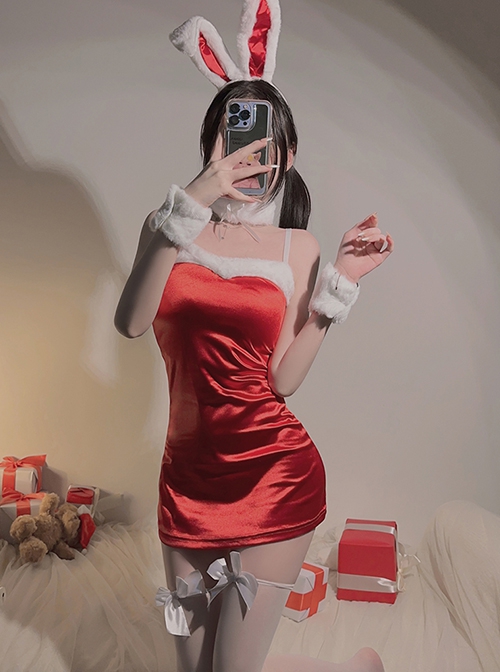Red Low-Cut Plush Splicing Velvet Tight Hip-Wrapped Suspender Nightdress Christmas Sexy Lingerie Set