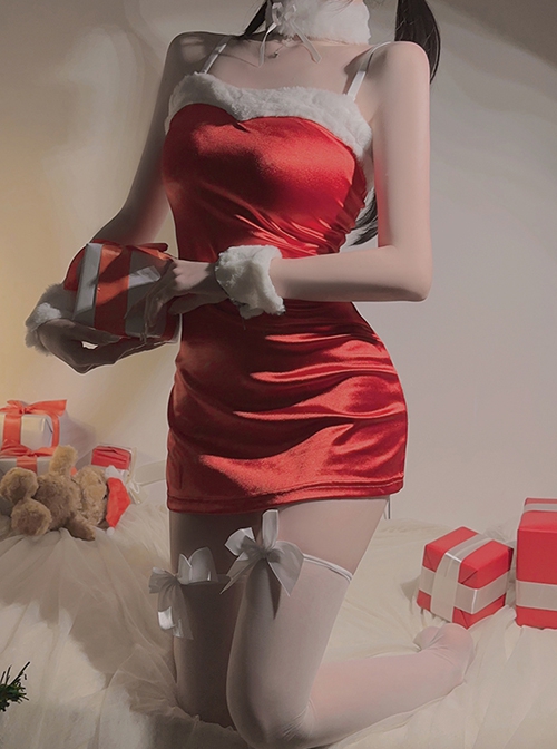 Red Low-Cut Plush Splicing Velvet Tight Hip-Wrapped Suspender Nightdress Christmas Sexy Lingerie Set