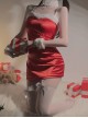 Red Low-Cut Plush Splicing Velvet Tight Hip-Wrapped Suspender Nightdress Christmas Sexy Lingerie Set