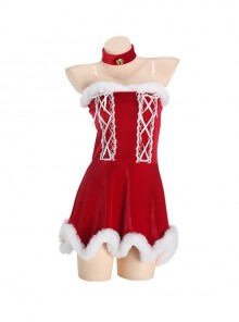 Christmas Uniform Plush Stitching Red Velvet Princess Style Backless Dress Sexy Lingerie Set